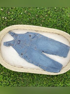 OshKosh B'gosh vintage blue railroad stripe bib overalls 12 months